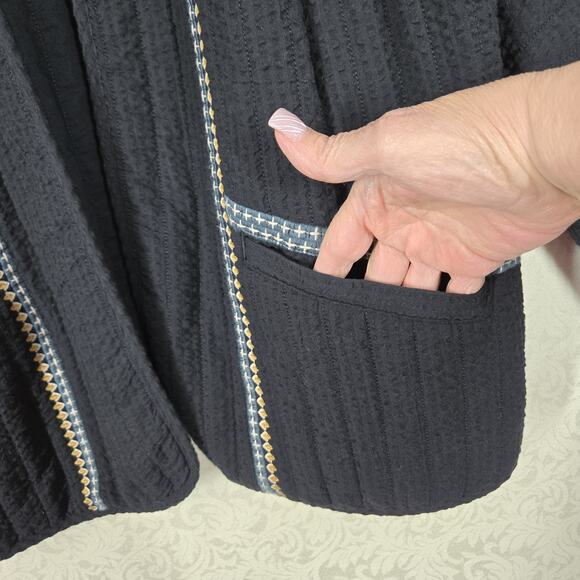 J Jill Pure Jill Seersucker Jacket Blazer XL TALL Black Open Front Embroidered - Picture 6 of 16